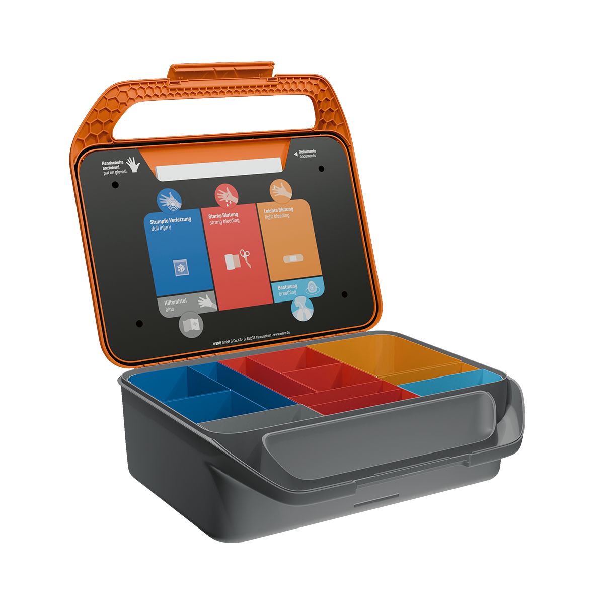 Geöffnete Erste-Hilfe-Koffer mit Fächern in Blau, Rot, Orange und Grau. Innenliegende Infotafel.