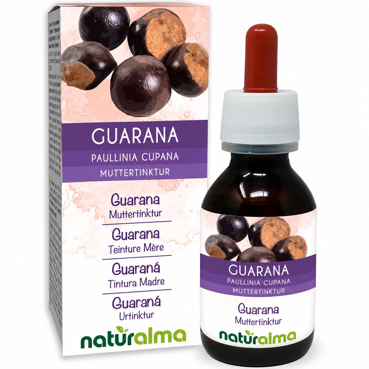 Flasche mit Pipette und Kartonverpackung für Guarana Urtinktur von Naturalma.