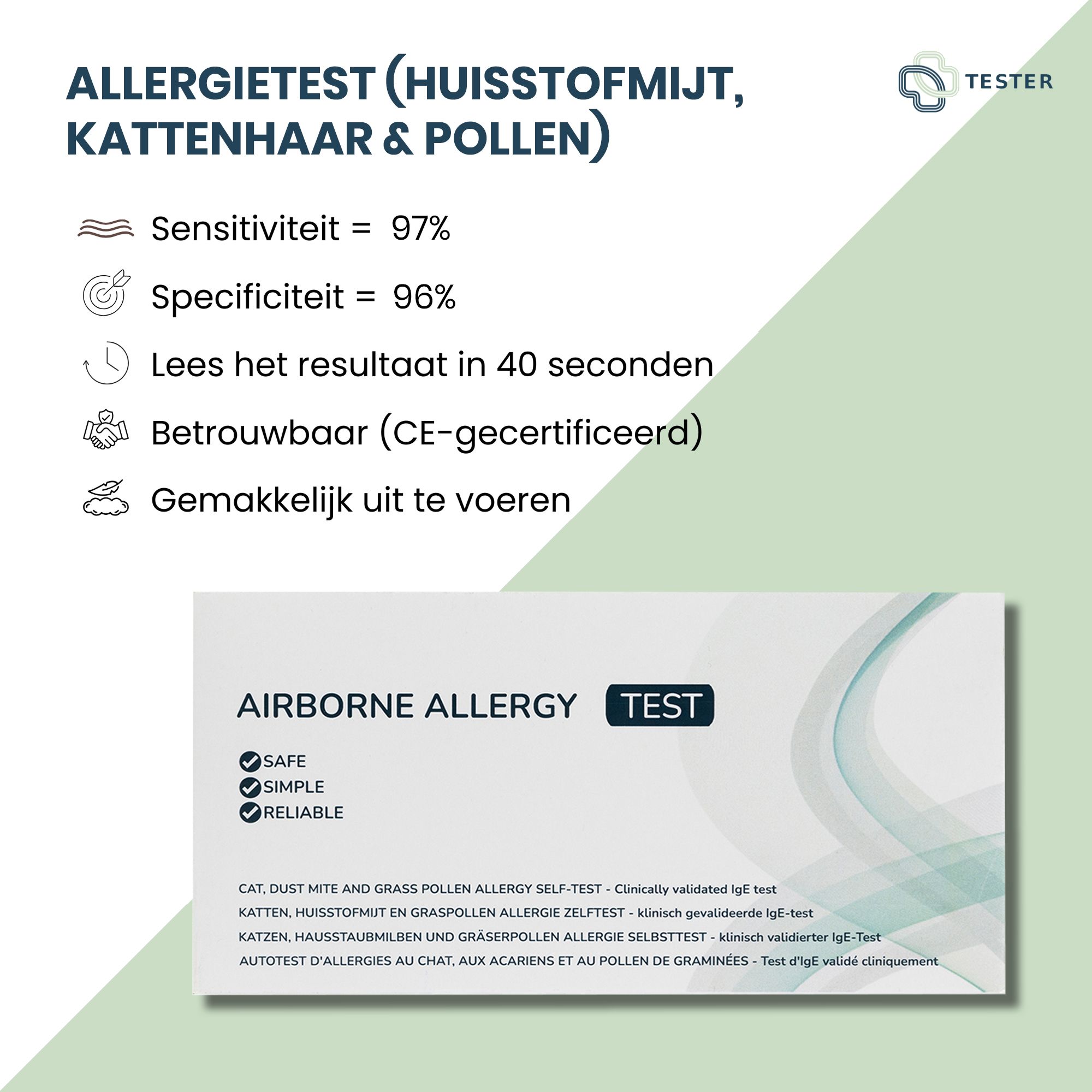 Infografik mit Testergebnissen. Allergietest für Hausstaubmilben, Katzenhaar und Pollen. Sensitivität 97%, Spezifität 96%.