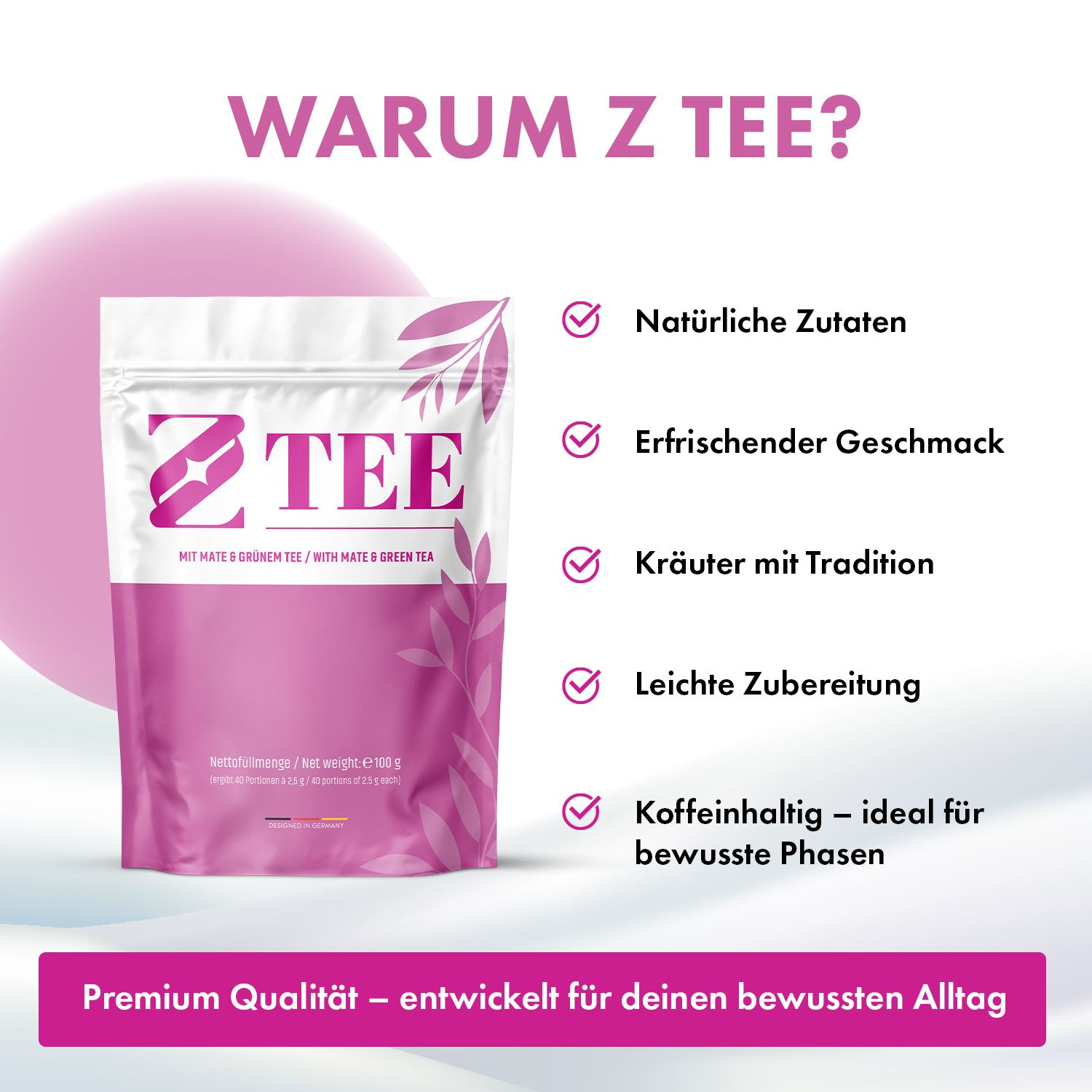 Eine Packung Z Tee mit Mate und grünem Tee. Enthält natürliche Zutaten, erfrischenden Geschmack und ist leicht zuzubereiten.