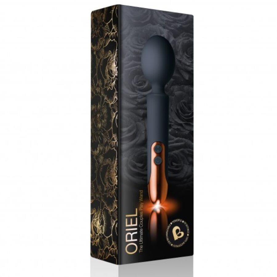 Schwarze Verpackung mit goldfarbenen Rosenmuster. Oriel-Produkt mit goldfarbenem Griff sichtbar.