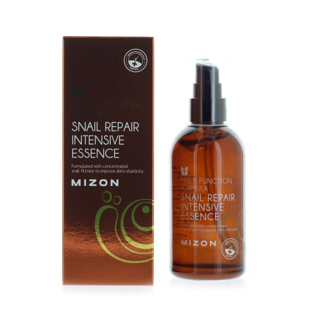 Produktflasche und Verpackung. Aufschrift: Snail Repair Intensive Essence. Marke: MIZON. Braune Verpackung.