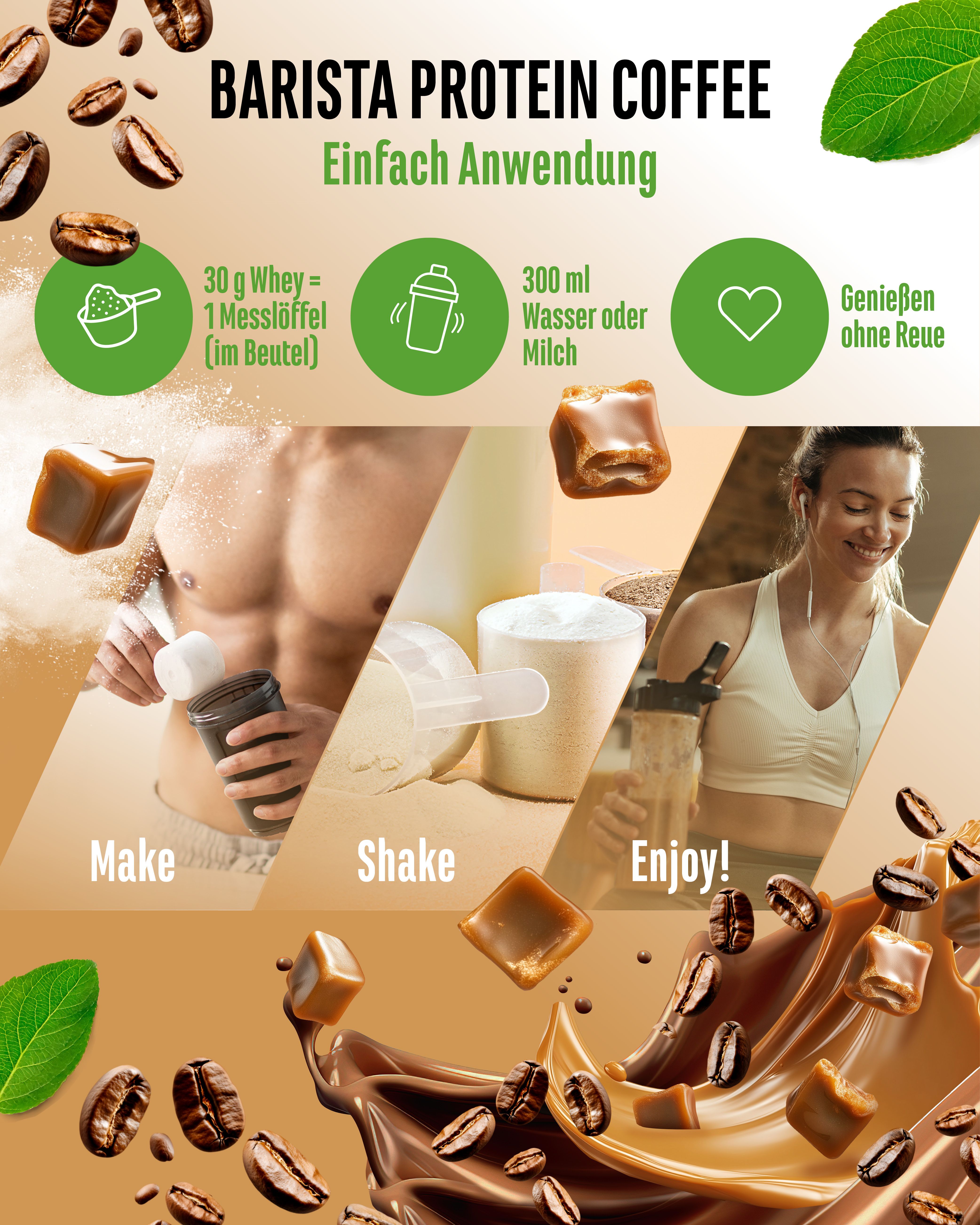 Anwendungshinweise für "vit4ever Barista Protein Coffee". Text: Make, Shake, Enjoy! Abgebildet: Messlöffel, Shaker, Frau trinkt.