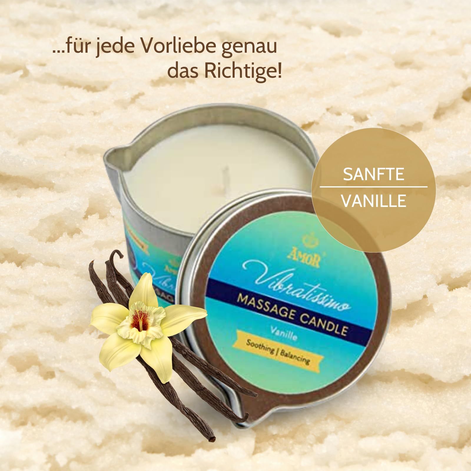 Massagekerzen für entspannte Stunden, mit Duftangabe.
