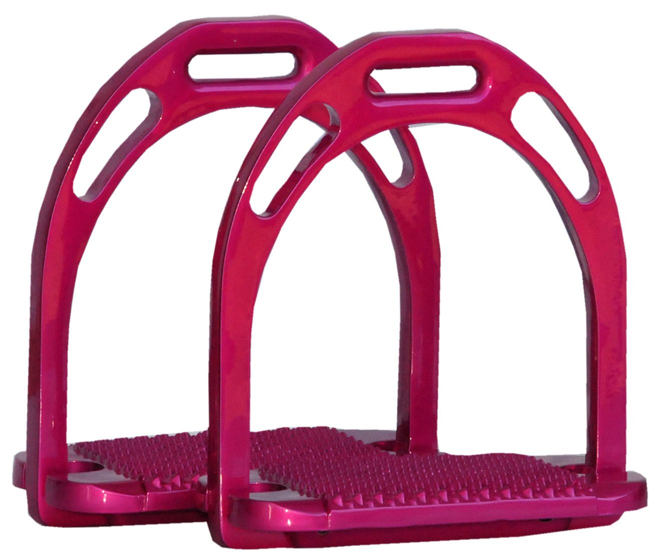 Zwei pinkfarbene Steigbügel aus Aluminium. Die Trittfläche ist pinkfarben und mit Noppen versehen.