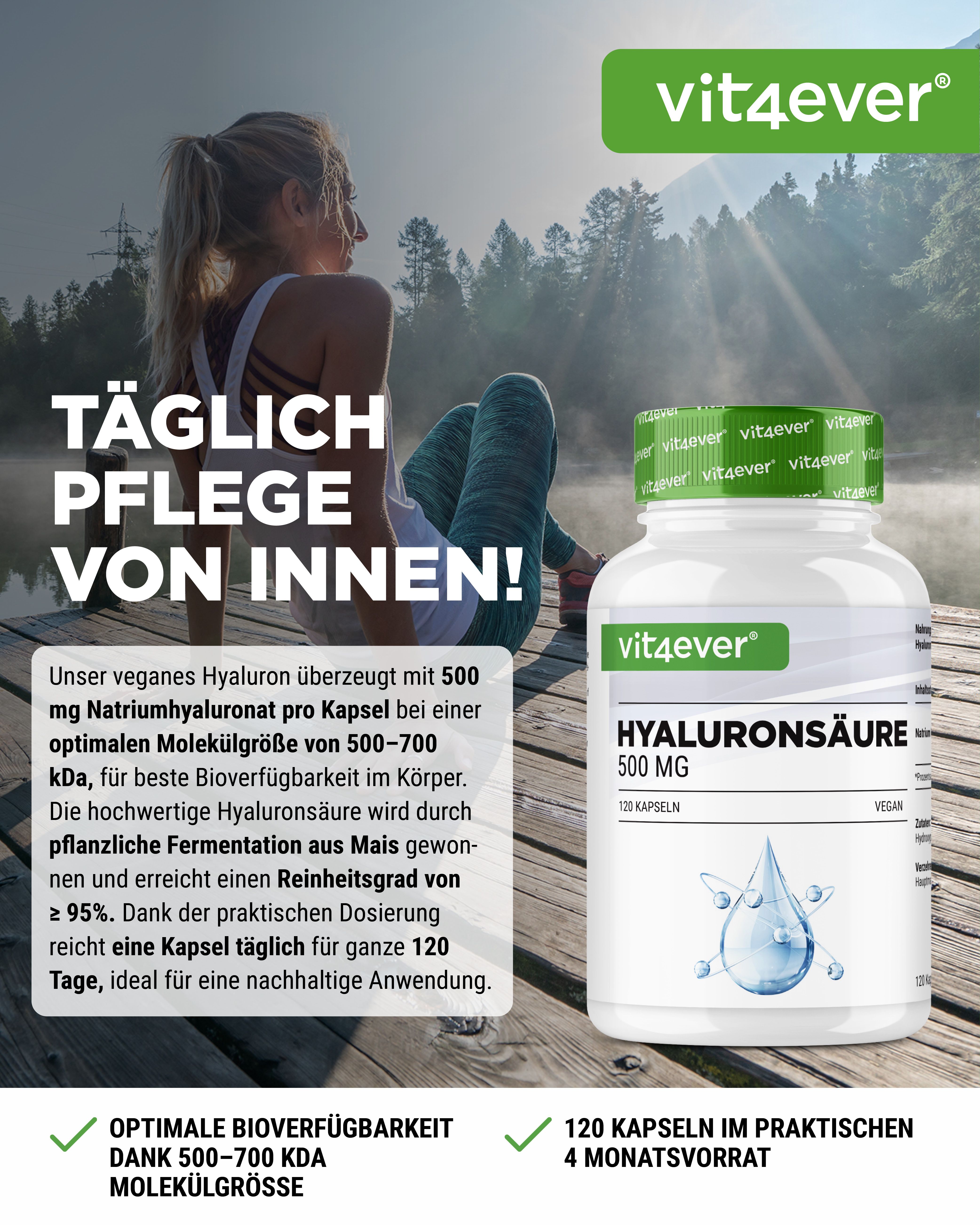 Produktflasche mit Aufschrift Hyaluronsäure, 120 Kapseln. Text: Optimale Bioverfügbarkeit, 120 Kapseln für 4 Monate. Frau sitzt am See.