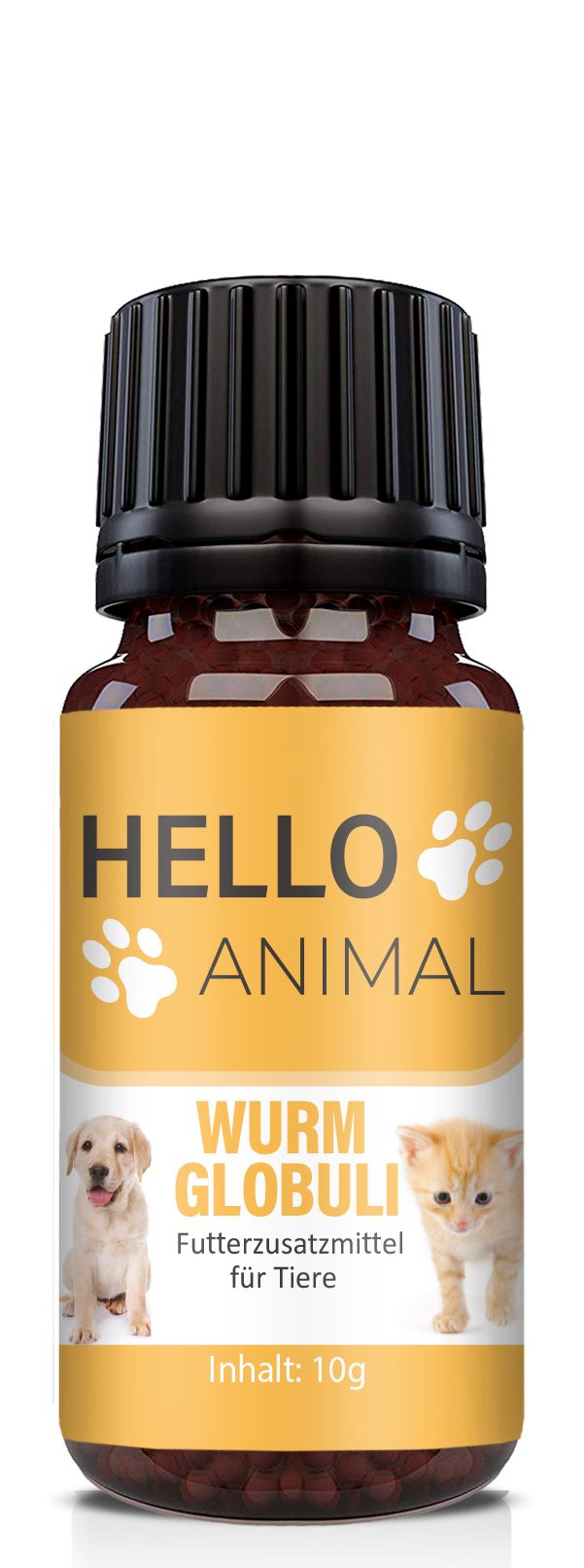 Braune Glasflasche mit schwarzem Deckel. Etikett mit "HELLO ANIMAL" und "WURM GLOBULI". Abbildung von Hund und Katze.
