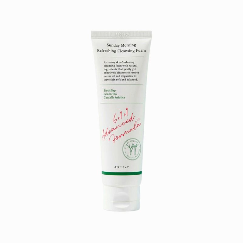 Weiße Tube mit grünem und rotem Text. Aufschrift: Sunday Morning Refreshing Cleansing Foam. Marke: AXIS-Y.