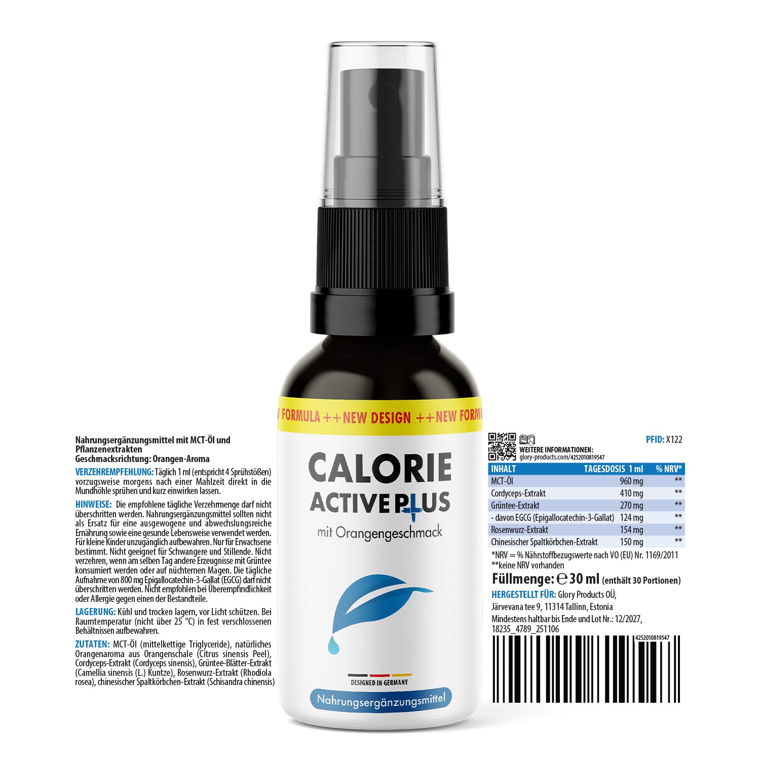 Braune Flasche mit schwarzem Sprühkopf. Aufschrift: CALORIE ACTIVE PLUS mit Orangengeschmack. Blaue Grafik. Text und Tabelle.