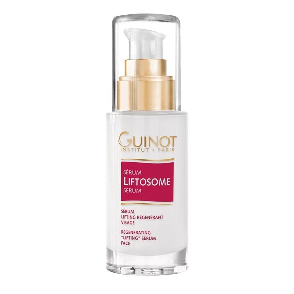 Weißes Serum mit goldfarbenem Ring und Pumpkopf. Roter Aufkleber mit Schriftzug: Liftosome Serum. Marke: Guinot.