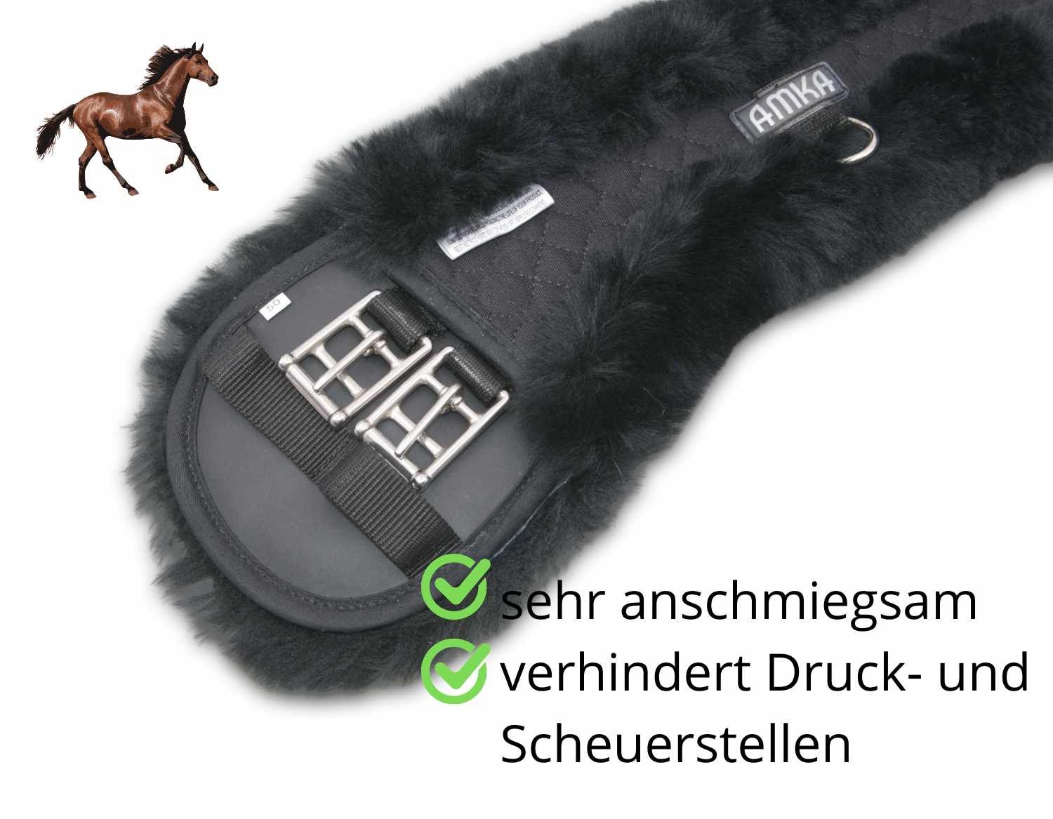 Schwarzer Sattelgurt mit AMKA-Logo. Sehr anschmiegsam, verhindert Druck- und Scheuerstellen.