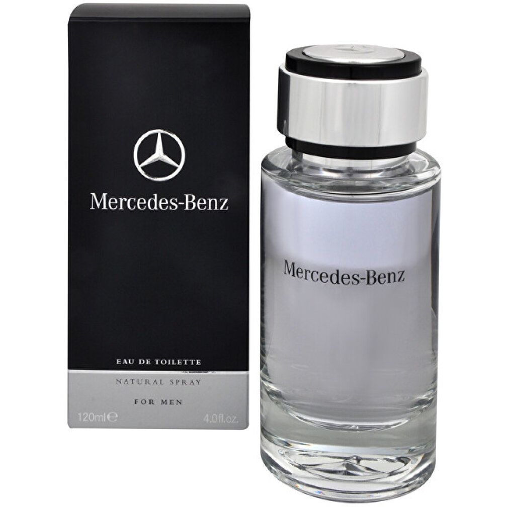 Parfümflasche und Schachtel. Flasche mit silbernem Deckel, Schriftzug Mercedes-Benz. Schachtel schwarz mit Logo und Text: Eau de Toilette, Natural Spray, For Men. 120ml.