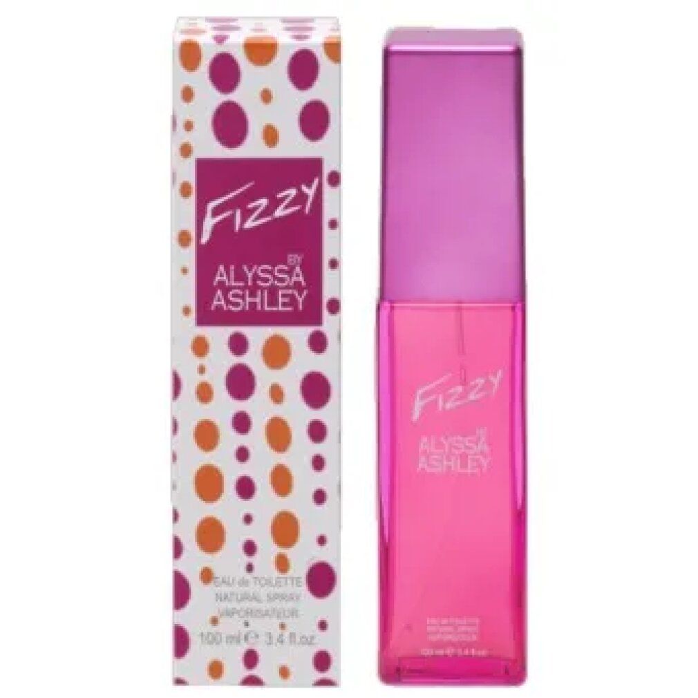 Alyssa Ashley Fizzy Eau de Toilette Spray. Rosa Flasche mit lila Verschluss und Verpackung. Verpackung mit Punkten.