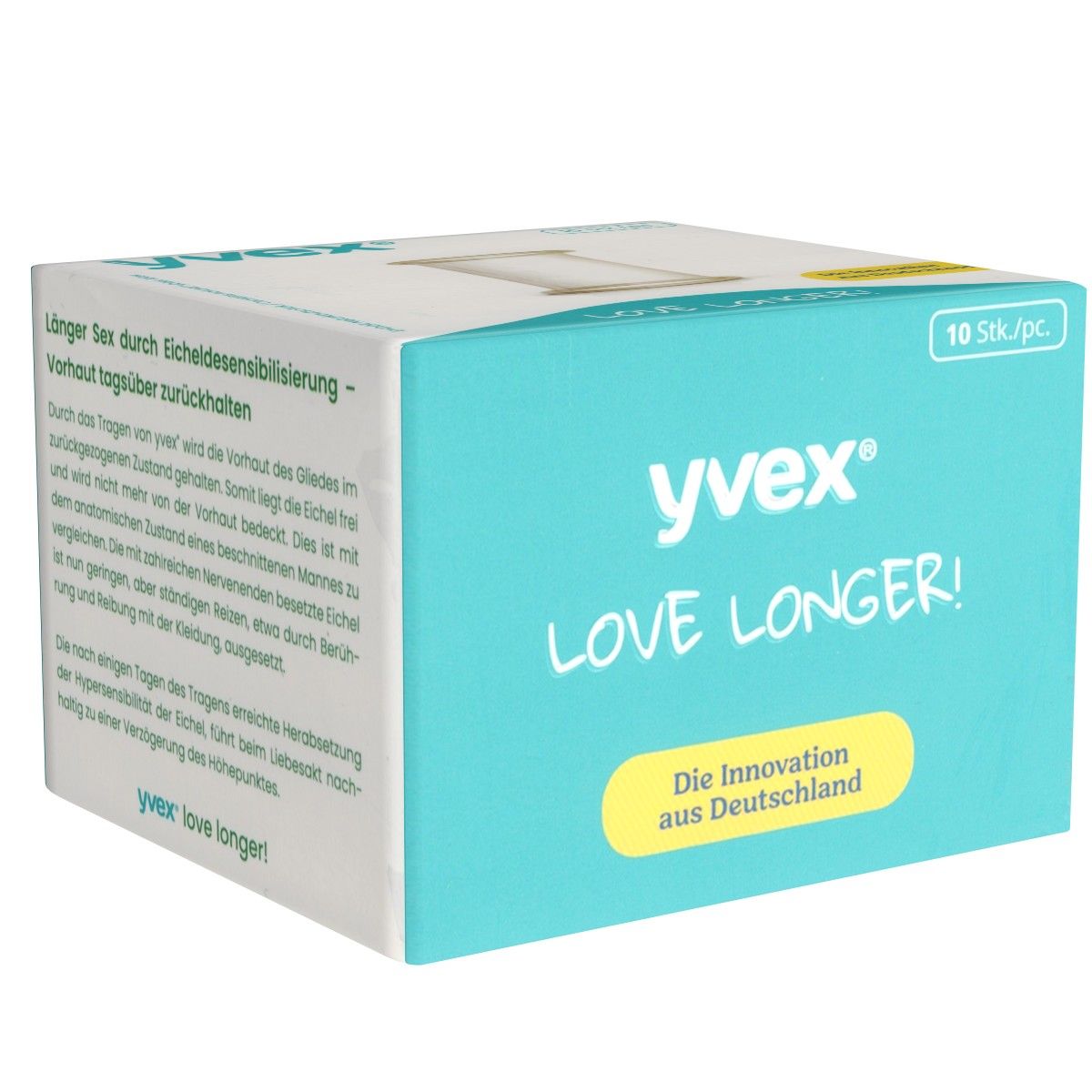 Verpackung mit Produkt. Aufschrift "yvex LOVE LONGER!". Blaue und weiße Schachtel mit Text und Produktabbildung. "10 Stk/pc".