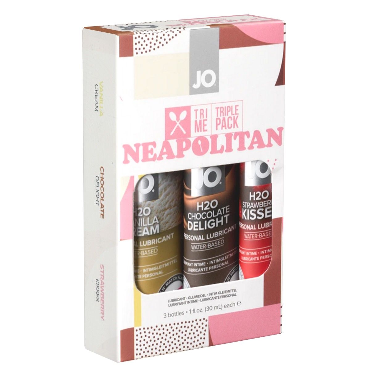 Verpackung mit drei Flaschen. Aufschrift: JO TRI ME PACK NEAPOLITAN. Aromen: Vanille, Schokolade, Erdbeere.