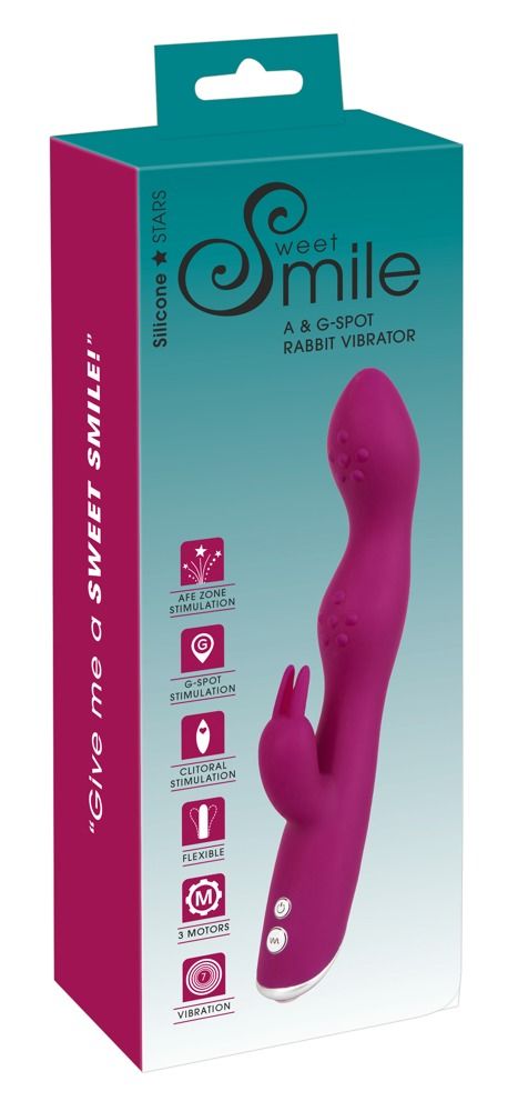 Verpackung von Sweet Smile A & G-Spot Rabbit Vibrator. Produktabbildung, Logos, Text und Icons.