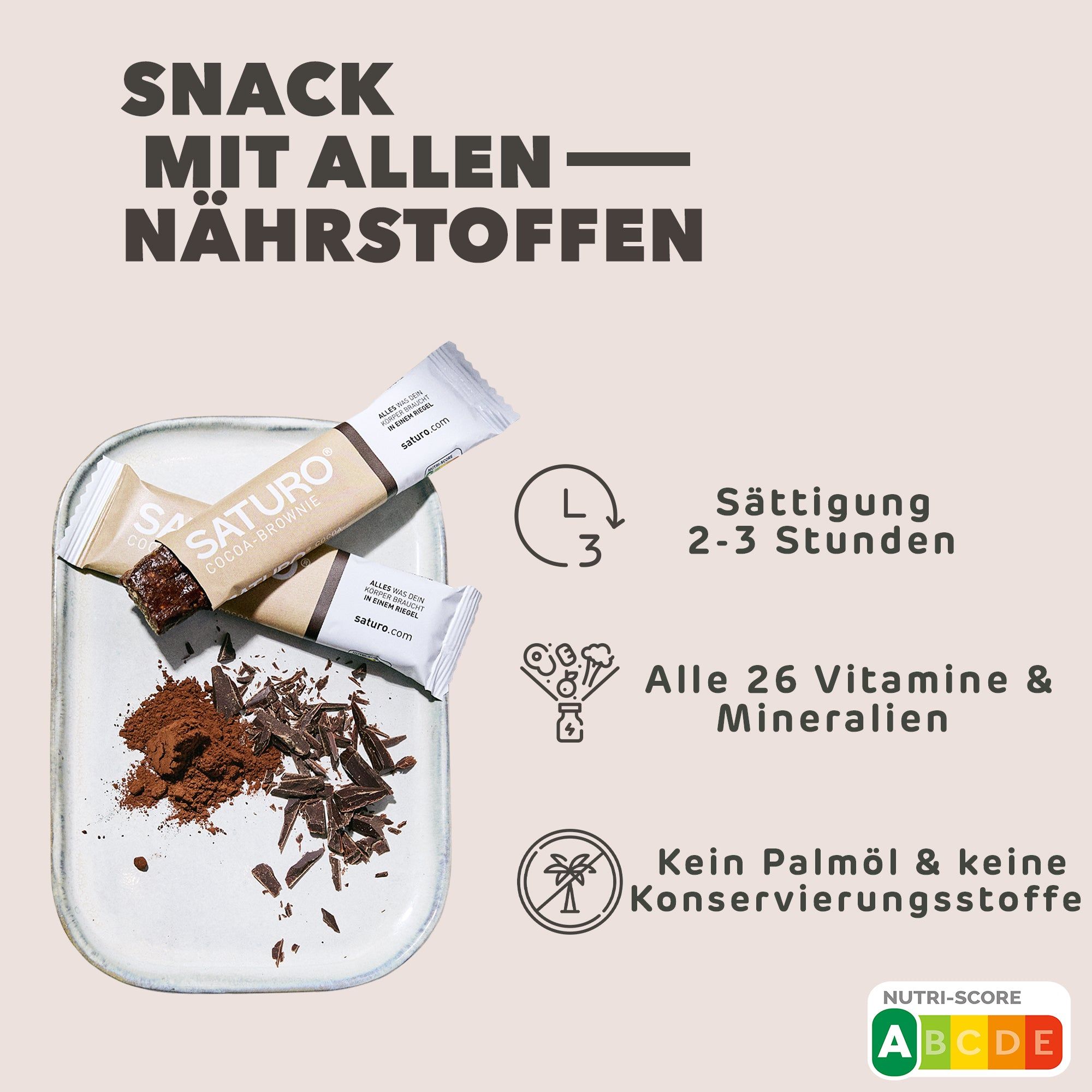 Saturo Energieriegel | Cocoa-Brownie | alle 26 Vitamine & Mineralstoffe, reich an Protein | vegan
