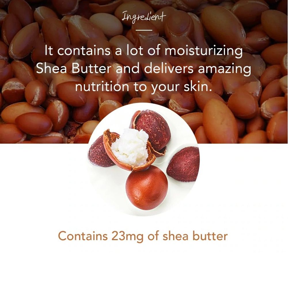 Produktinformationen mit Shea Butter. Text und Abbildung von Nüssen und Sheabutter. Enthält 23mg Sheabutter.