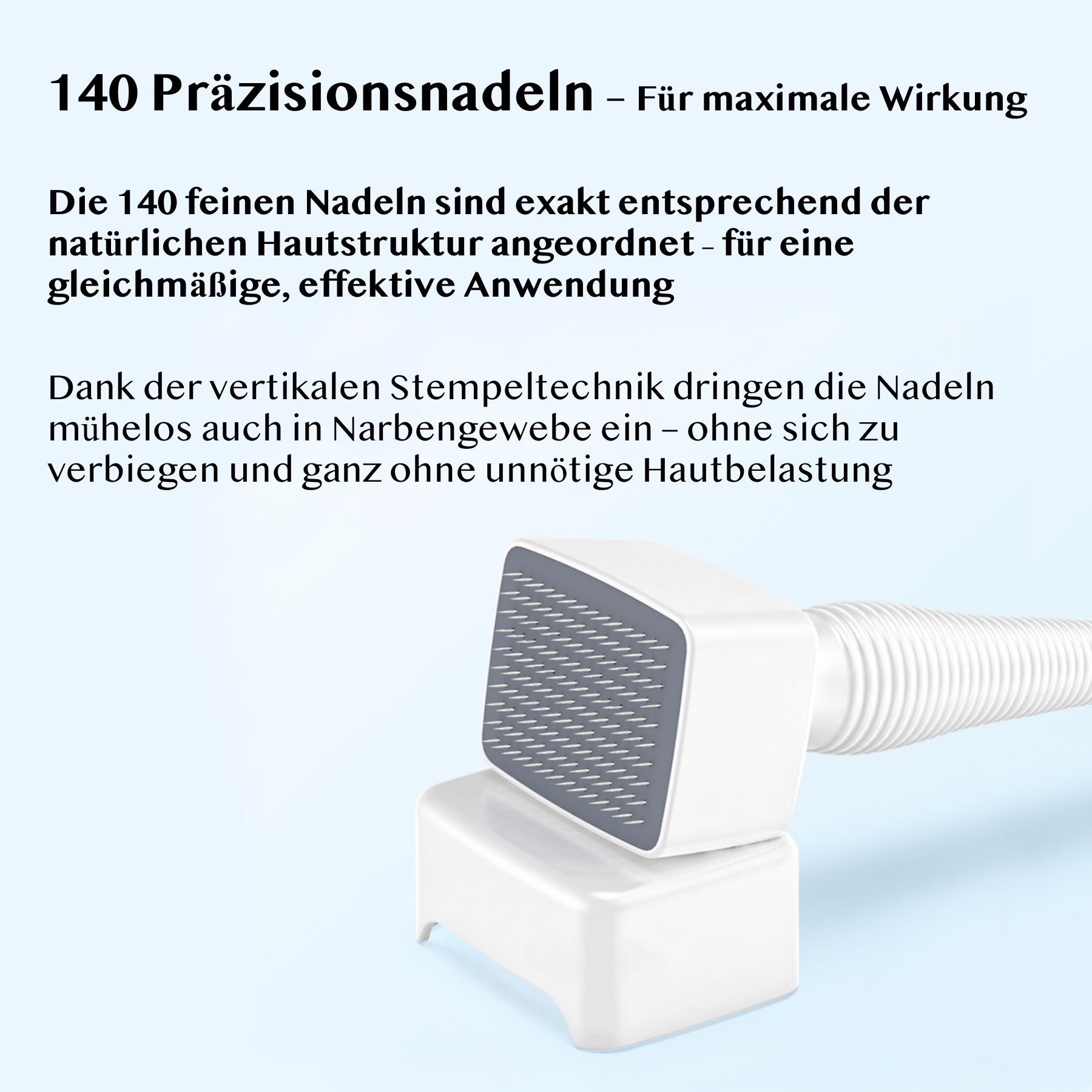 140 Präzisionsnadeln eines Derma Stamps, angeordnet für gleichmäßige Anwendung.