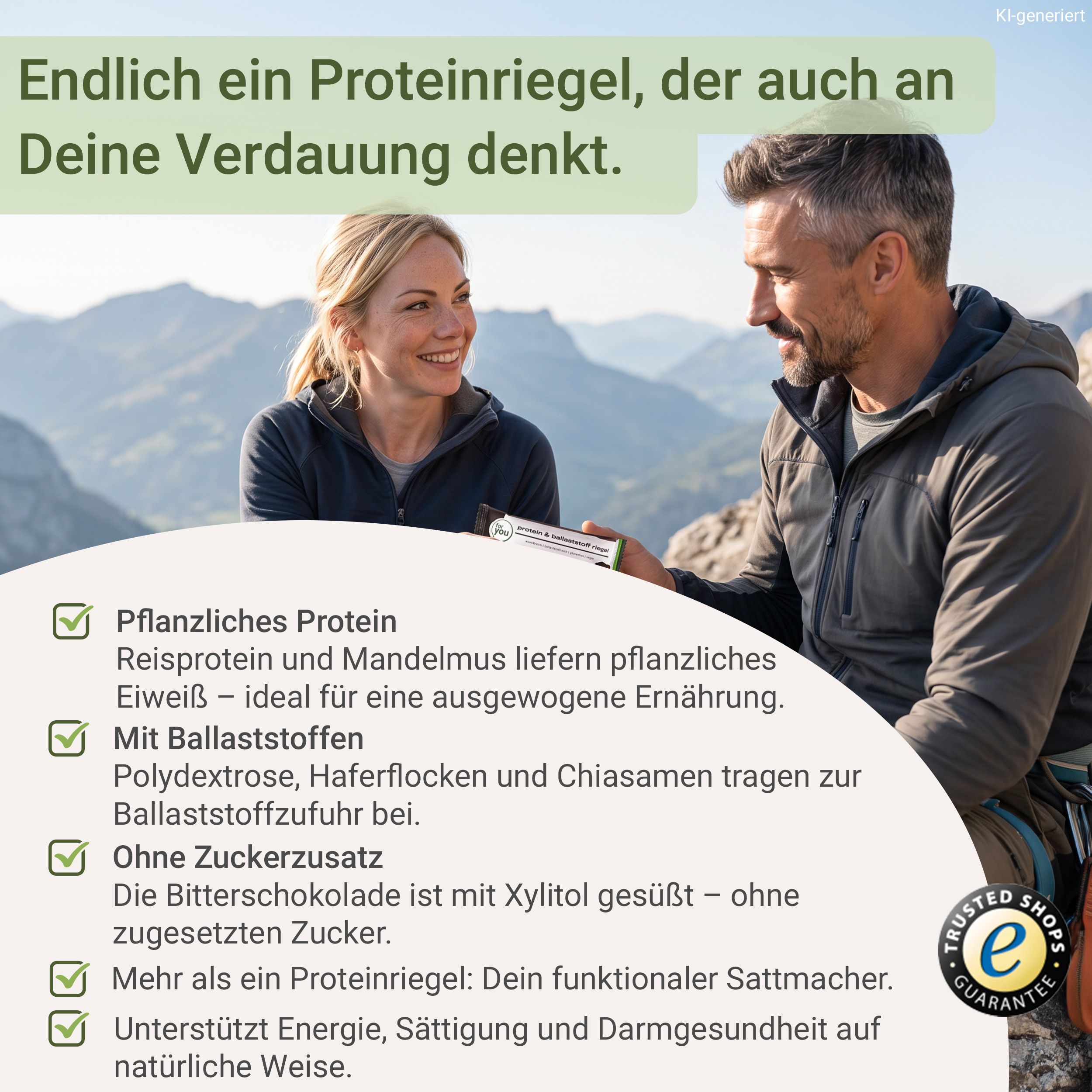 Mann und Frau in Bergbekleidung blicken sich an. Eine Hand hält einen Riegel. Text über pflanzliches Protein, Ballaststoffe, ohne Zuckerzusatz.