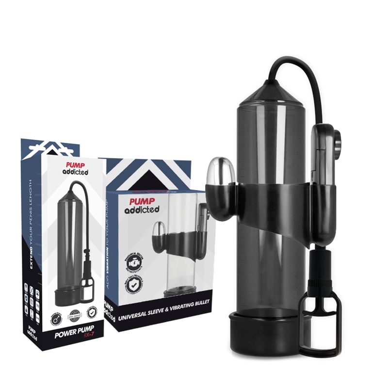 Zylindrische Pumpe mit Schlauch und Flasche. Zwei Verpackungen mit Produktabbildung und Schriftzug 'Pump Addicted'.