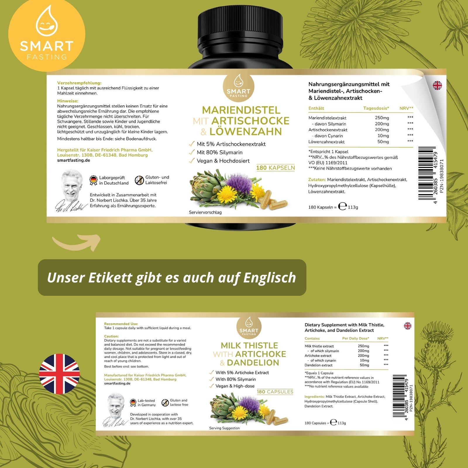 Nahaufnahme der Rückseite einer Flasche mit weißem Etikett. Text: Mariendistel mit Artischocke & Löwenzahn. 180 Kapseln. Auch auf Englisch erhältlich.