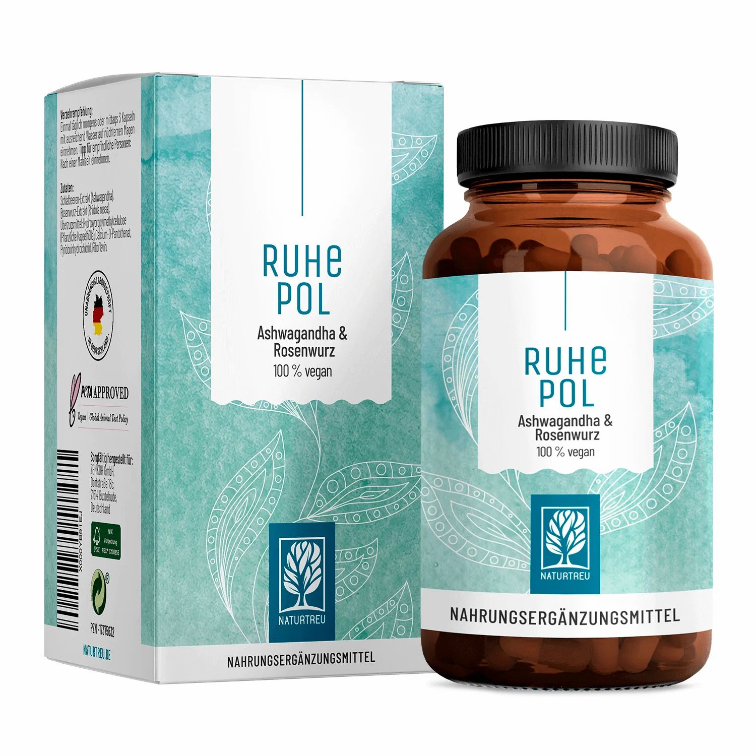 Packung und Flasche des Nahrungsergänzungsmittels Ruhepol mit Ashwagandha & Rosenwurz.