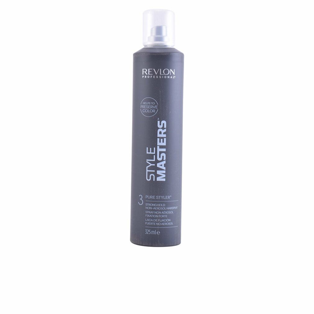 Graue Sprühflasche mit weißem Sprühkopf. Aufschrift: Revlon Professional, Style Masters, Pure Styler, Strong Hold. Enthält 325 ml.