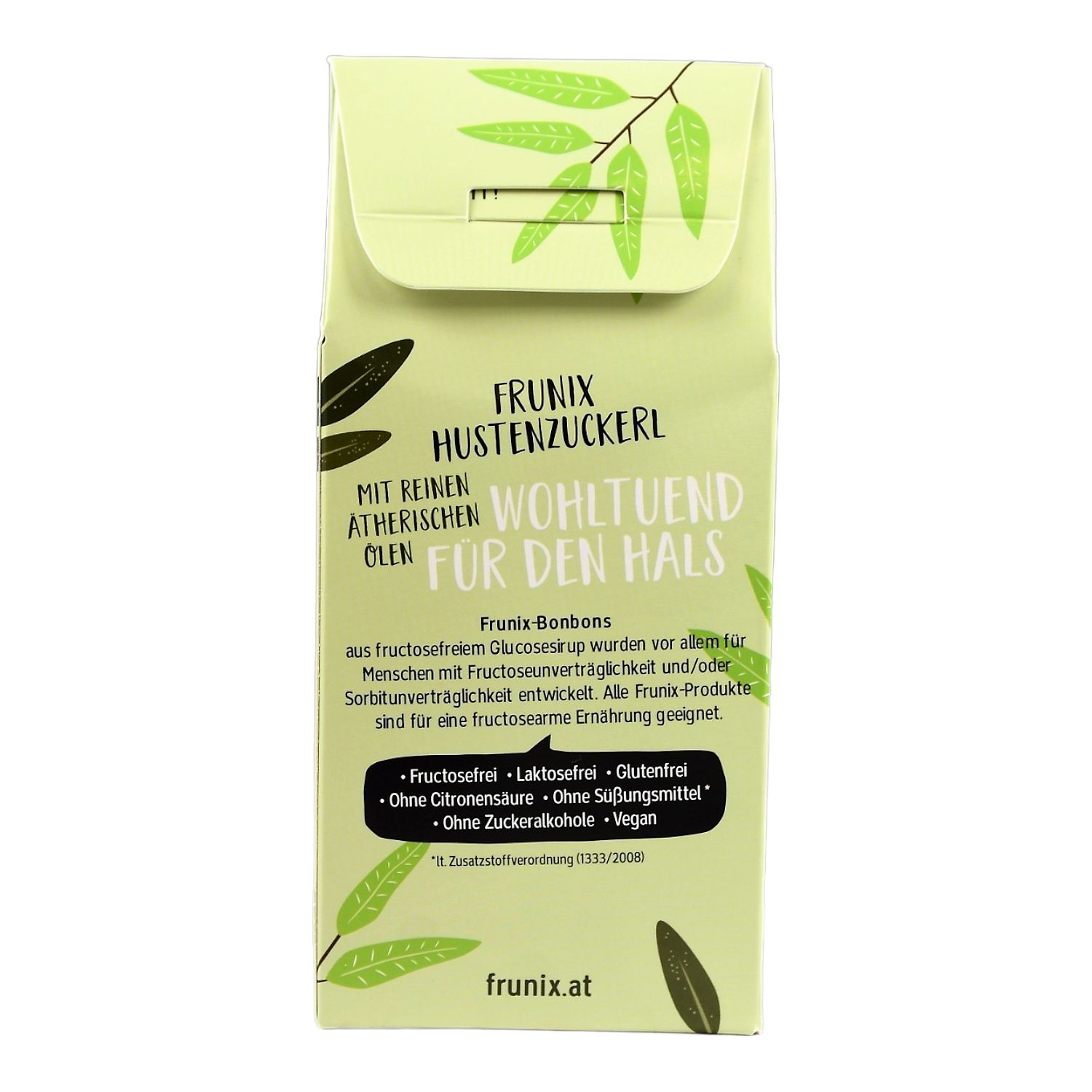 Grüne Schachtel mit Text: FRUNIX Hustenzuckerl. Mit reinen ätherischen Ölen. Wohltuend für den Hals. Frunix-Bonbons. Ohne Fructose.