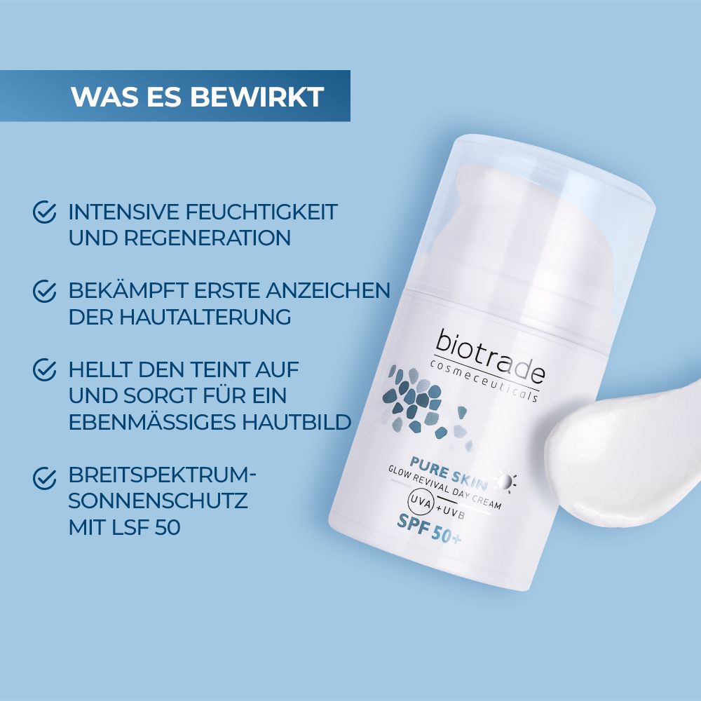 Biotrade Pure Skin Glow Revival Gesichtscreme SPF50+ mit Text. Wirkt gegen Hautalterung, hellt den Teint auf, bietet Sonnenschutz.
