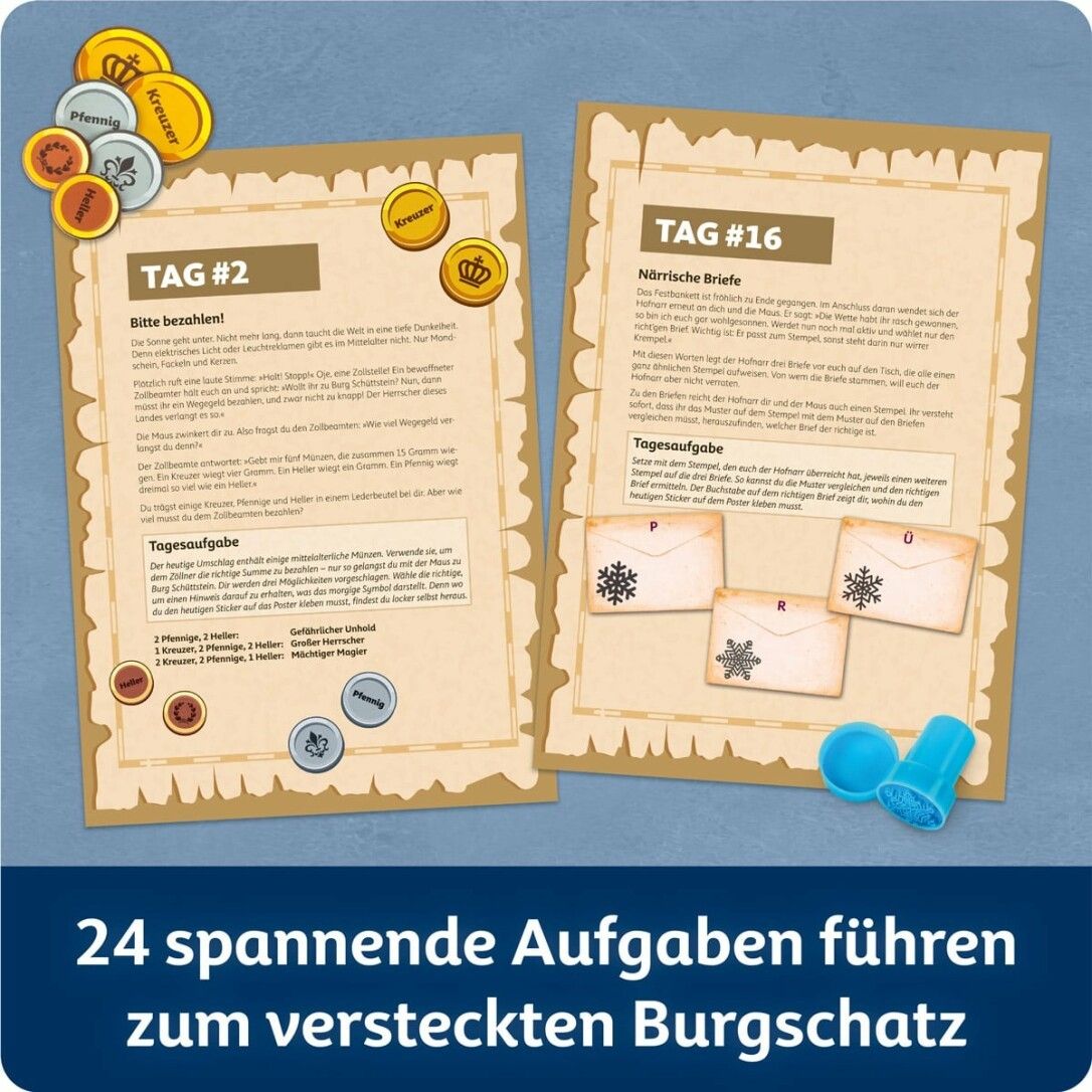 Zwei Seiten mit Aufgaben und Münzen. Text: Tag #2, Tag #16, 24 spannende Aufgaben führen zum versteckten Burgschatz. Blaue Kappe.