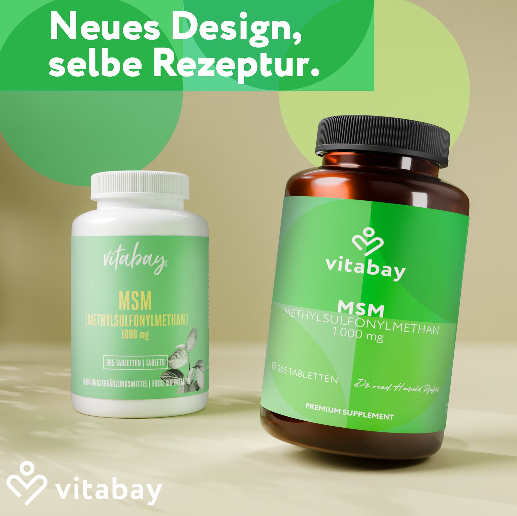 Zwei Flaschen Vitabay MSM 1000 mg. Eine weiße und eine braune Flasche. Aufschrift: MSM Methylsulfonylmethan 1000 mg, 365 Tabletten.