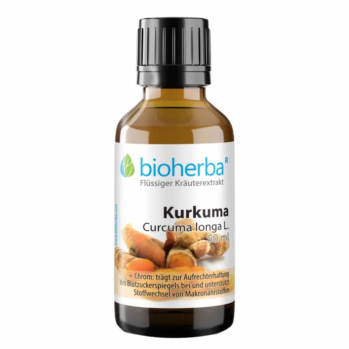 Braune Glasflasche mit schwarzem Deckel. Etikett mit Produktnamen Kurkuma, Kräuterextrakt und Logo. Abbildung von Kurkumawurzeln.