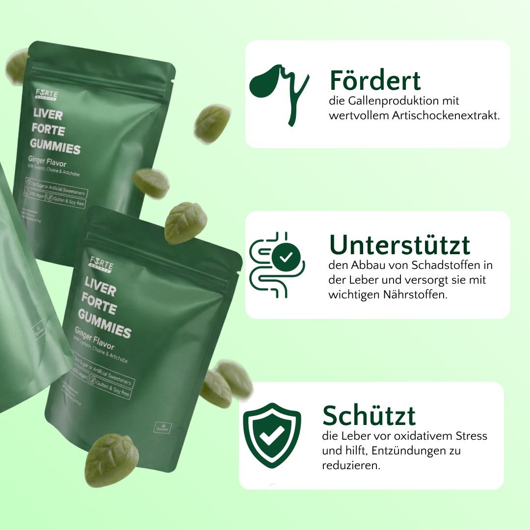Drei grüne Beutel mit Gummies. Text: Fördert die Gallenproduktion, unterstützt die Leber, schützt die Leber.