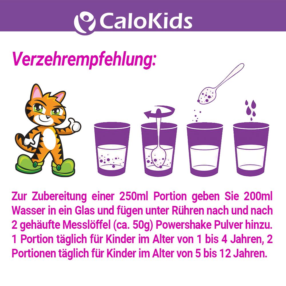 Anleitung zur Zubereitung von CaloKids PowerShake. 200ml Wasser, 2 Messlöffel Pulver.