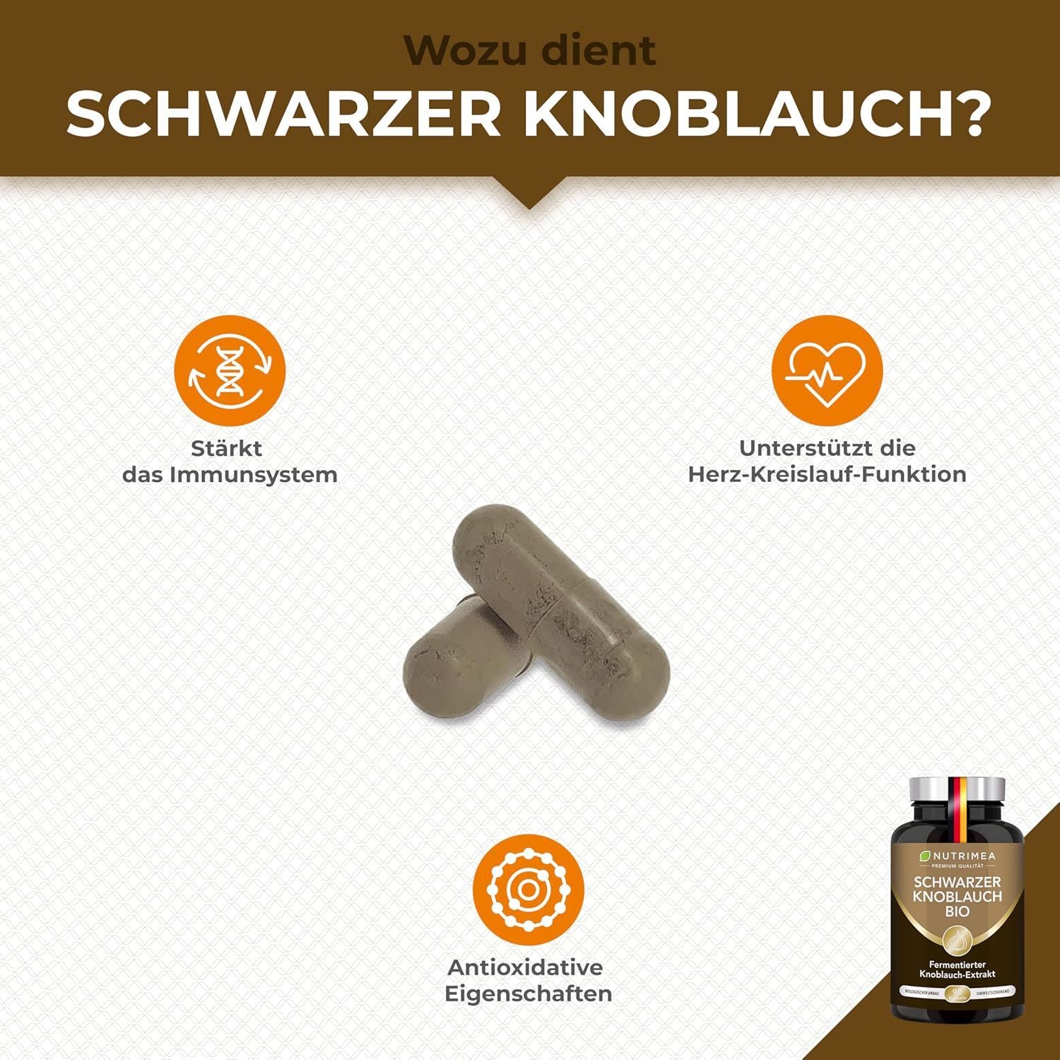 Zwei Kapseln neben einer Flasche. Aufschrift: Schwarzer Knoblauch BIO. Vorteile: Immunsystem, Herz-Kreislauf-Funktion, antioxidative Eigenschaften.
