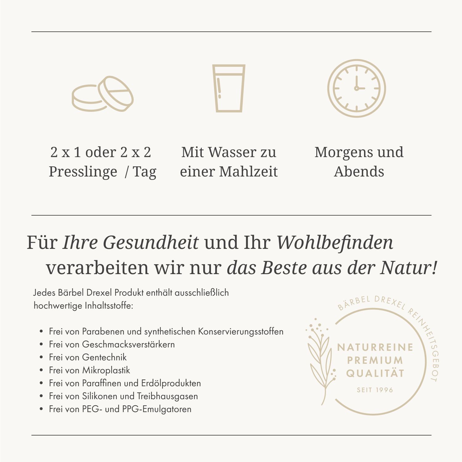 Infografik mit Symbolen: Tabletten, Glas Wasser, Uhr. Text: Einnahmeempfehlung, Inhaltsstoffe, Naturreine Premium Qualität.