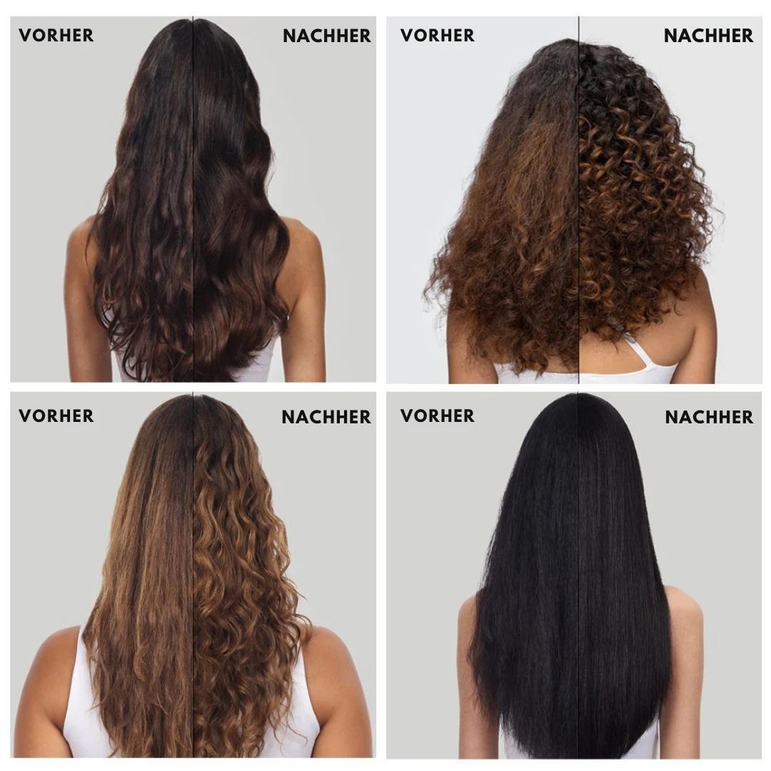 Vier Bilder zeigen Haare vor und nach der Anwendung. Verschiedene Haartypen.