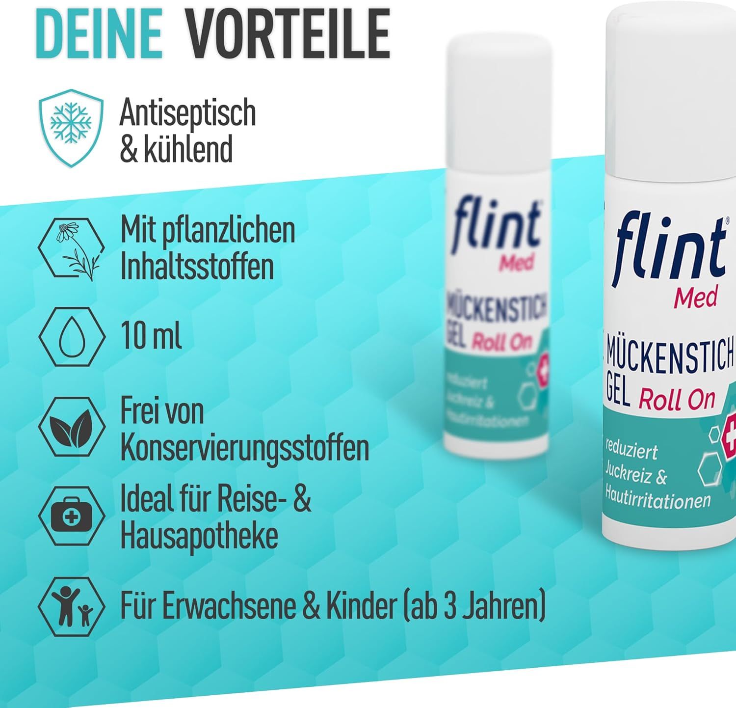 Zwei flint Mückenstich Gel Roll On Fläschchen. Text: Vorteile: antiseptisch, pflanzliche Inhaltsstoffe, 10 ml, ohne Konservierungsstoffe.
