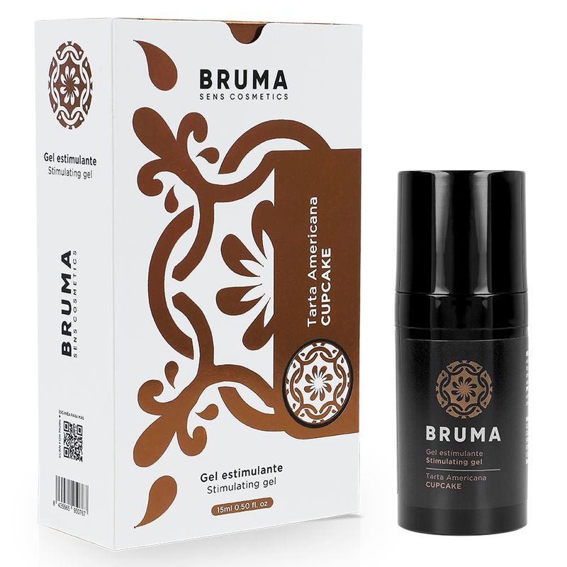 Produkt und Verpackung. Aufschrift: Bruma, Gel Estimulante, Cupcake. Weiße Verpackung mit Logo.