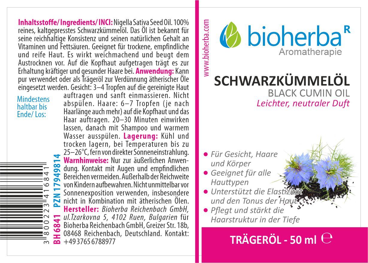 Etikett mit Produktname, floraler Illustration und Text. Pinkfarbener Streifen mit Volumenangabe. Text in deutscher Sprache.