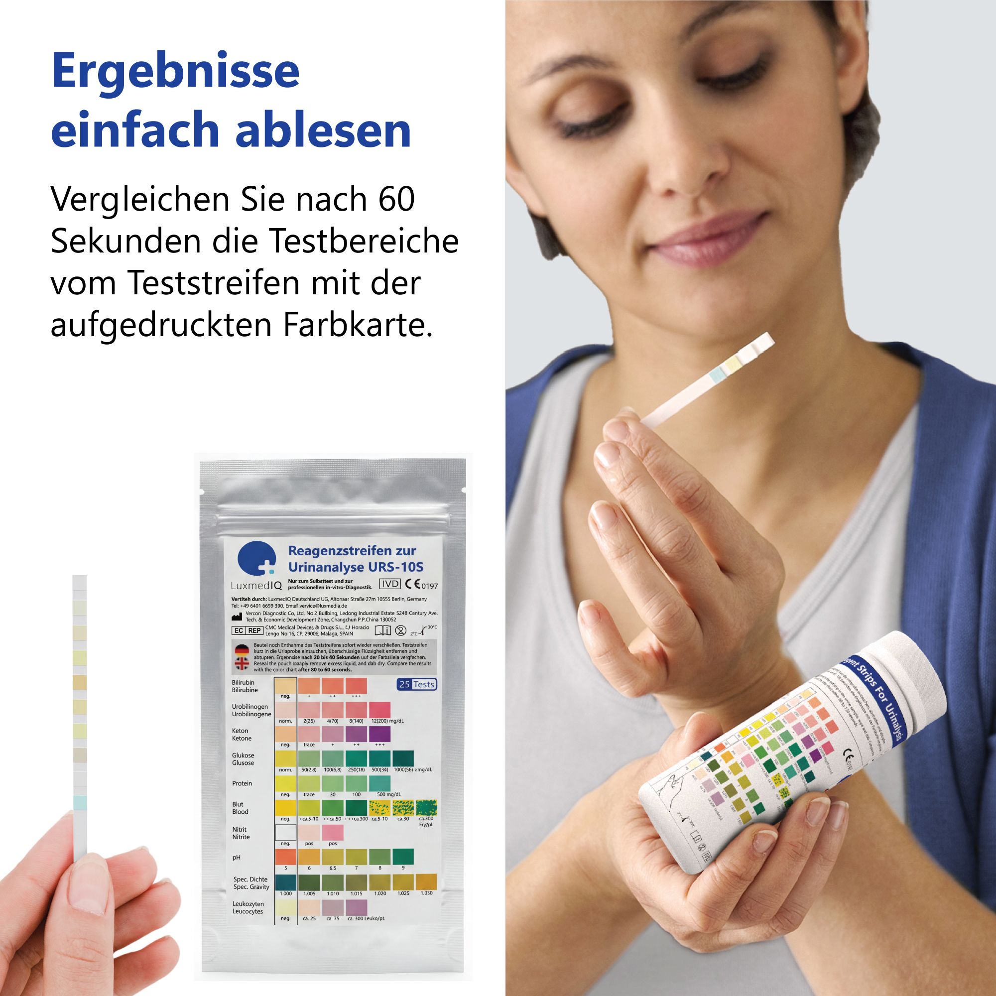 Frau hält Teststreifen und Farbskala. Packung mit Teststreifen im Hintergrund. Text: Ergebnisse einfach ablesen. Vergleichen Sie nach 60 Sekunden.