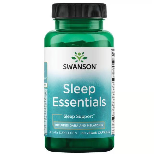 Grüne Flasche mit schwarzem Deckel. Aufschrift: SWANSON Sleep Essentials, Sleep Support, enthält GABA und Melatonin. 60 vegane Kapseln.