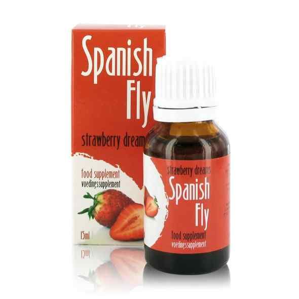 Rote Schachtel und Flasche. Aufschrift: Spanish Fly, Strawberry Dream. 15ml. Abgebildet: Erdbeeren.