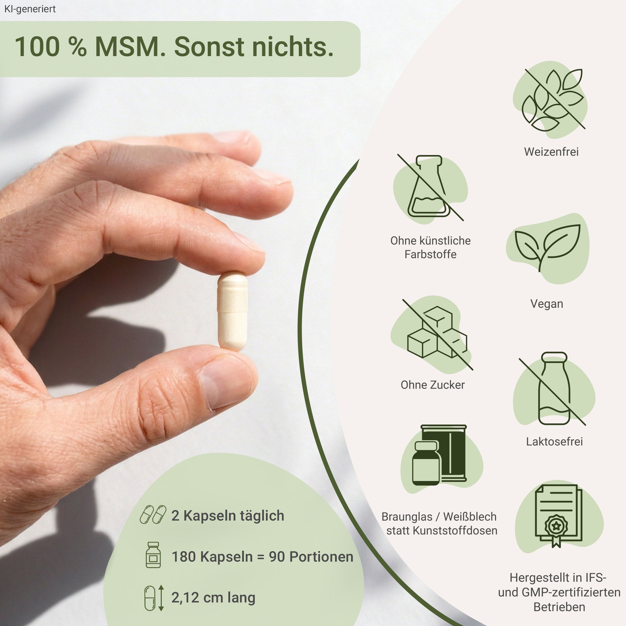 Eine Hand hält eine weiße Kapsel. Rechts daneben Icons: Weizenfrei, Vegan, Laktosefrei, Ohne Zucker, Ohne künstliche Farbstoffe.