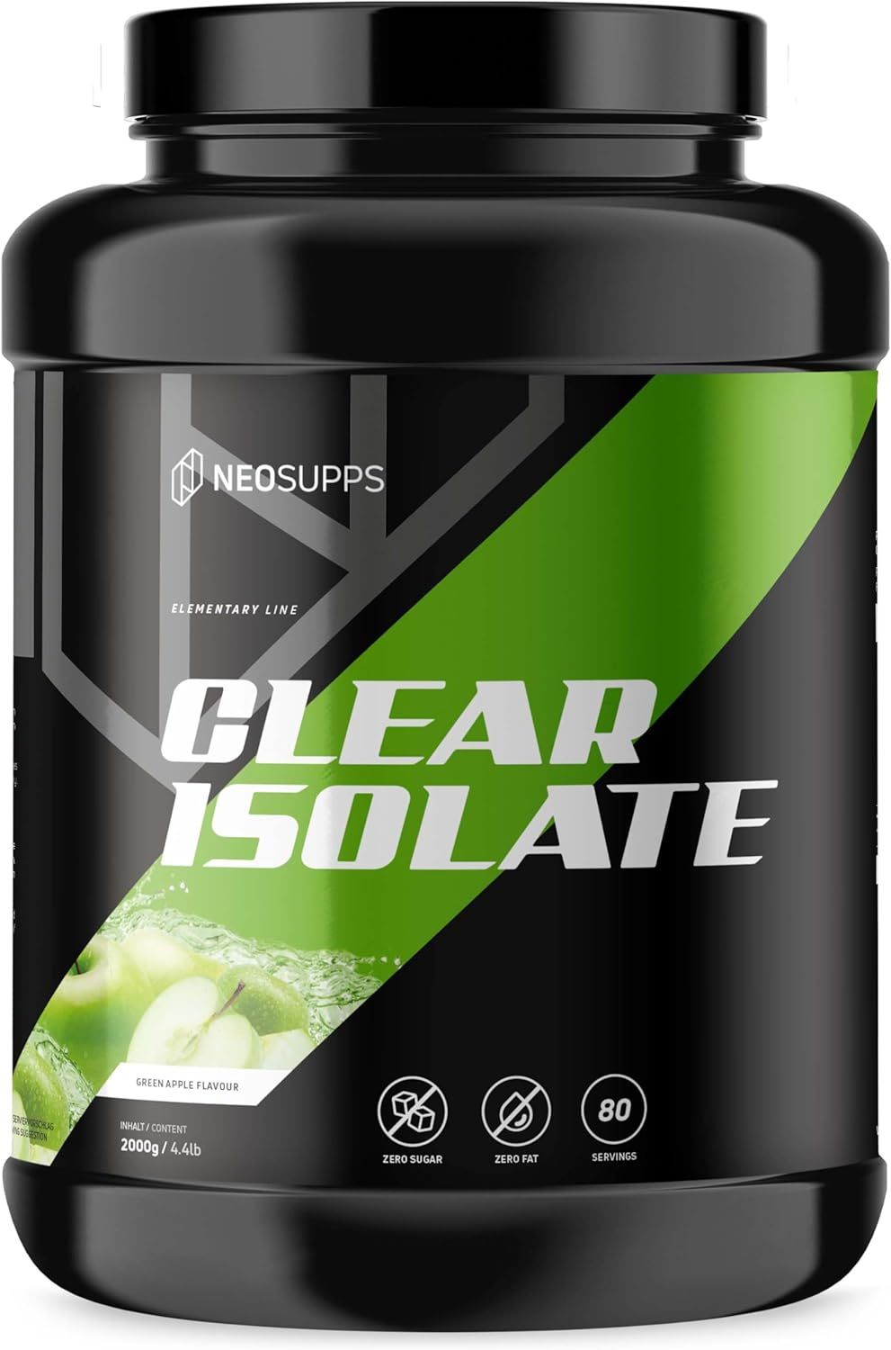 Schwarze Dose mit grünem Etikett. Text: Clear Isolate, Green Apple, 80 Portionen, Zero Sugar, Zero Fat.