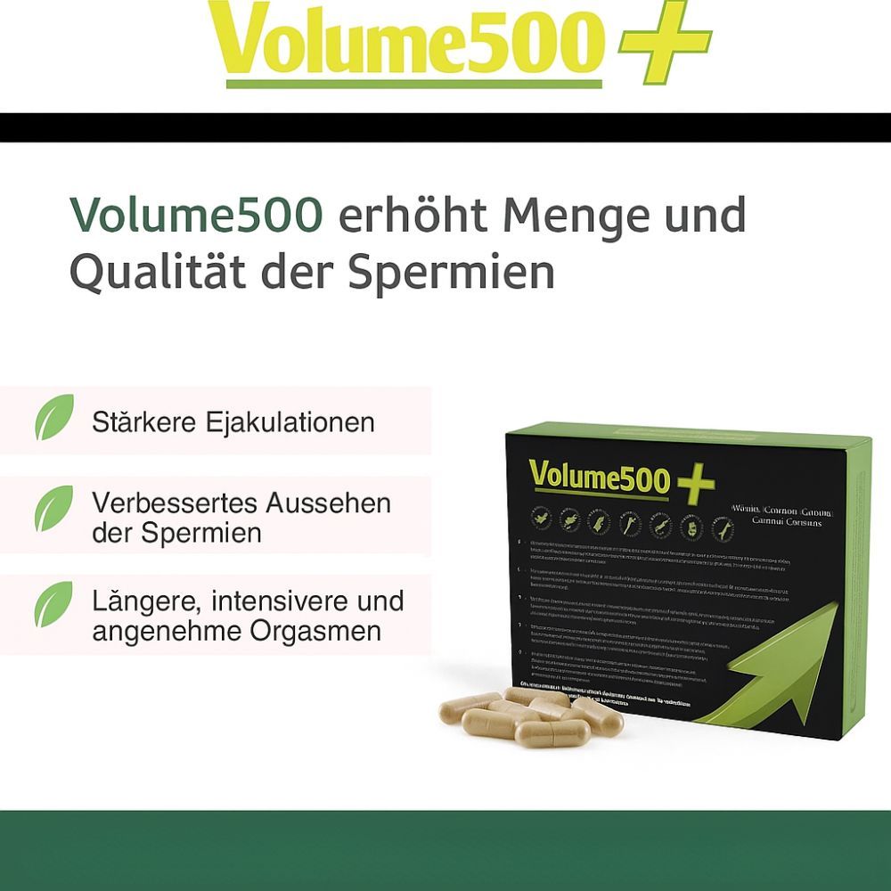 Schachtel Volume500+ mit Kapseln. Text: Volume500 erhöht Menge und Qualität der Spermien.