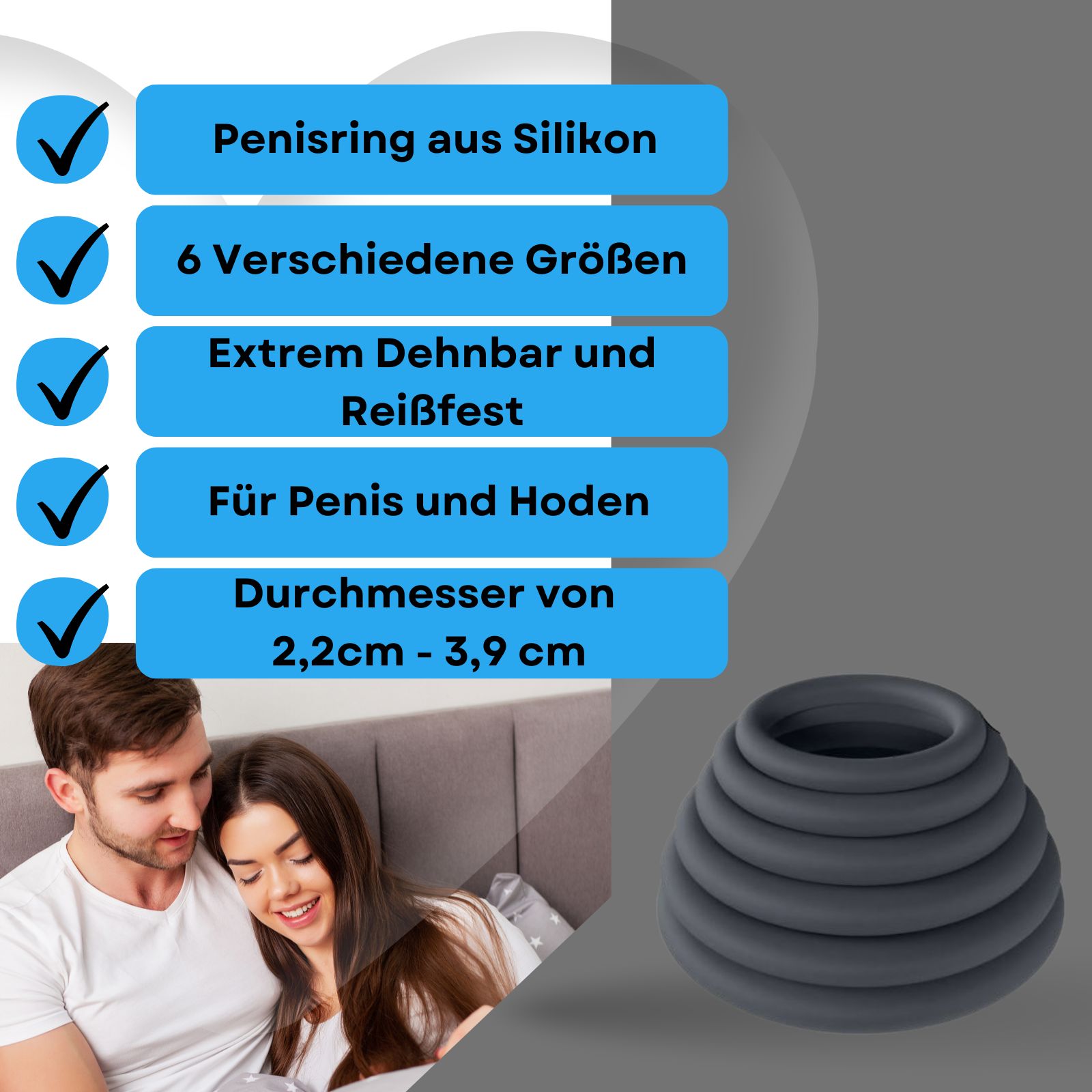 Produktabbildung mit Text: Penisring aus Silikon, 6 Größen, dehnbar, für Penis und Hoden, Durchmesser 2,2-3,9 cm. Paar im Bett.