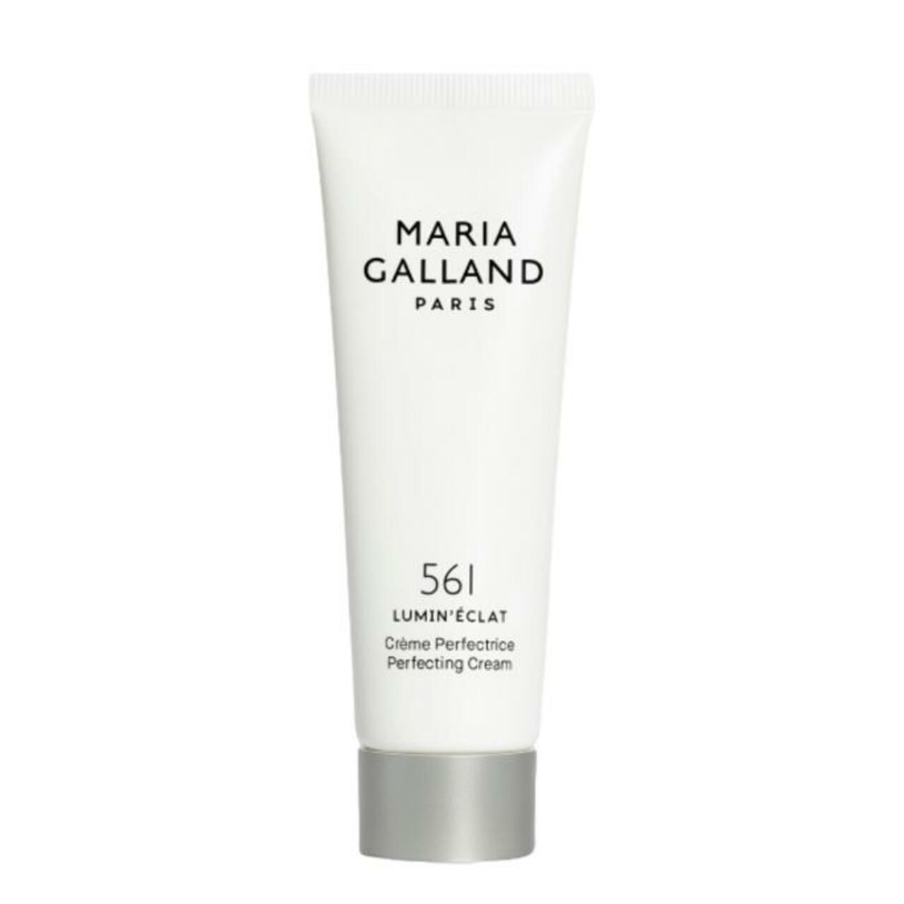 Weiße Tube mit silbernem Deckel. Schriftzug Maria Galland Paris, 561 LUMIN'ÉCLAT Perfecting Cream.