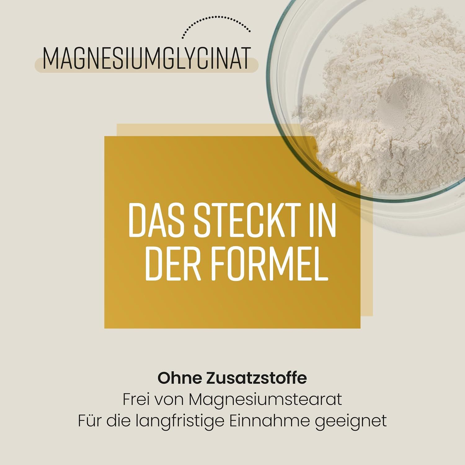 Magnesiumglycinat Pulver in einer Schale, ohne Zusatzstoffe, geeignet für langfristige Einnahme.